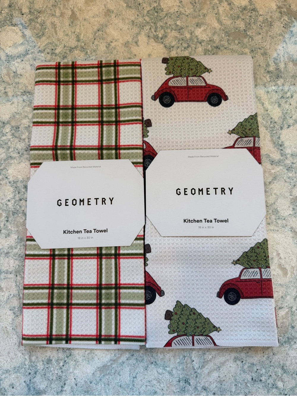 Brand New!!Geometry Holiday Kitchen Tea Towels - Red & Green Plaid and Car Print